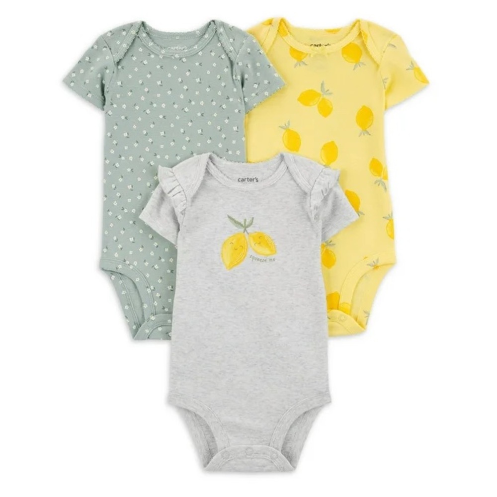 NWT Carter’s Child of Mine Baby Girl Bodysuits, 3-Pack, Floral & Lemon Prints